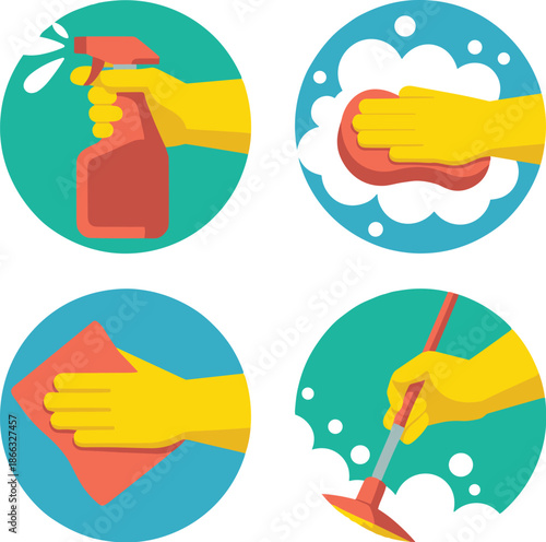 Cleaning service illustration icons featuring hands in yellow gloves spraying wiping mopping surfaces for home hygiene disinfection housekeeping chores sanitation maintenance and professional janitori