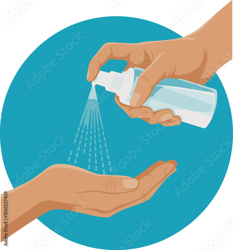 Hand Sanitizer Spray Illustration for Coronavirus Prevention Personal Hygiene Concept Woman Spraying Sanitizer onto Hand Disinfecting for Health Wellness Cleanliness in Medical Healthcare Setting