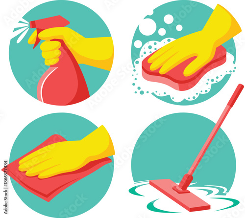 Cleaning service tools equipment for home apartment office hygiene maintenance routine chores with spray bottle sponge mop and cloth in hands wearing yellow gloves vector illustration for housekeeping