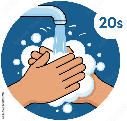 Washing hands with soap under running tap water for 20 seconds to prevent germs spreading and bacterial contamination hygiene healthcare illustration for medical educational advertising campaign healt