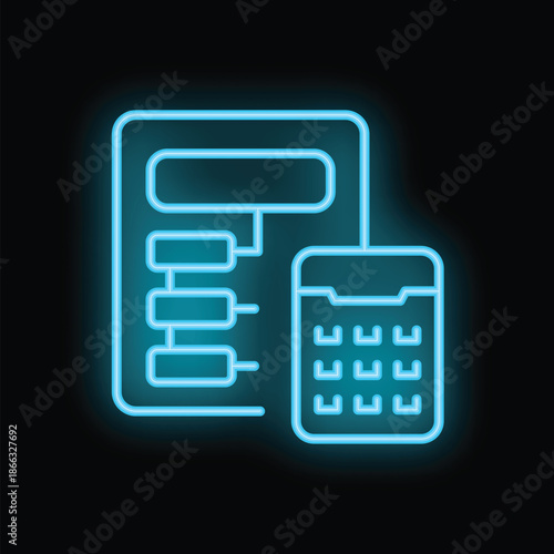 Blue neon icon of workflow process management with a calculator representing budget planning