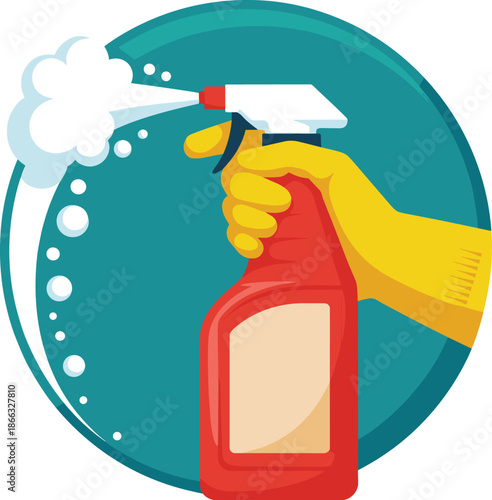 Hand in yellow glove spraying red cleaning bottle detergent solution for disinfecting surfaces in home or office hygiene illustration against germs bacteria viruses cleanliness and sanitation in healt