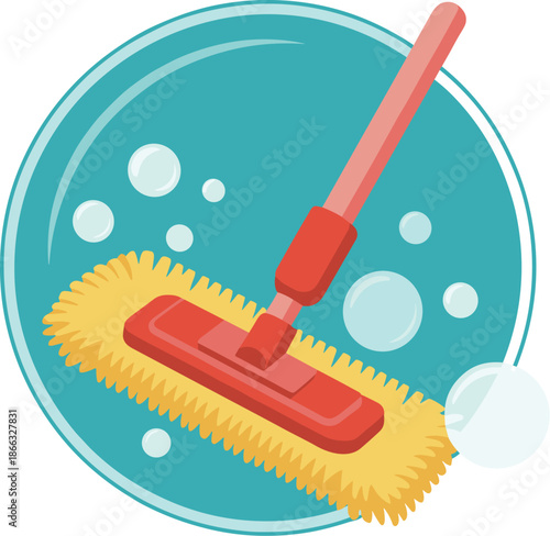 Cartoon cleaning mop with red handle and yellow brush illustration doing housework chores in soapy water for hygiene and sanitation in home or office maintenance service advertisement vector backgroun