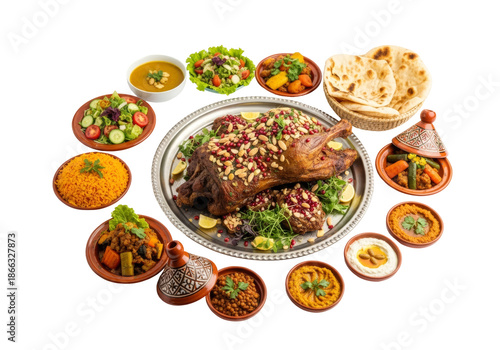 roasted lamb feast platter with naan and colorful curries