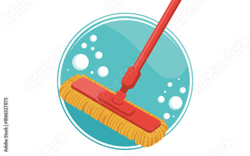 Flat Mop Cleaning Illustration Tool for Household Chores and Janitorial Service Equipment in Home Apartment or Office Cleaning Service Housekeeping Routine Supplies with Bubbles on Blue Background Sur