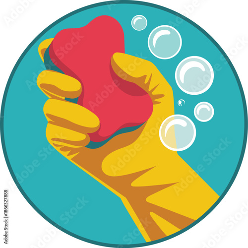 Hand in yellow rubber glove cleaning with red sponge in soapy water background illustration for housekeeping home chores and hygiene spring cleaning washing dishes domestic lifestyle and general clean