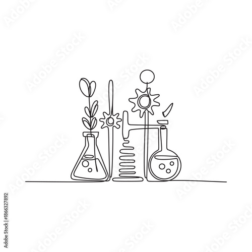 Line art illustration featuring chemistry glassware and botanical elements
