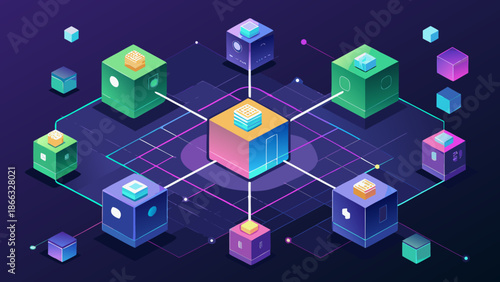 Isometric vector of interconnected digital nodes and cubes forming a decentralized network, glowing icons of exchange, lending, and yield farming.