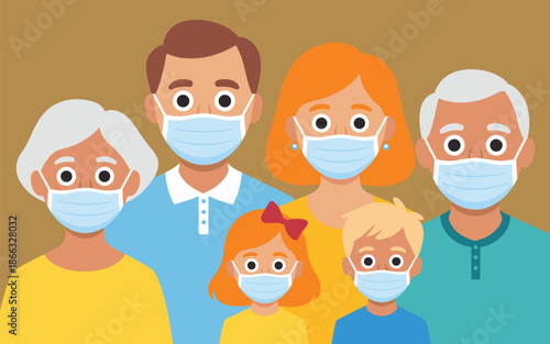 Cartoon family wearing protective face masks during virus outbreak pandemic for health safety and protection in modern illustration about coronavirus covid19 spread and prevention in medical and educa