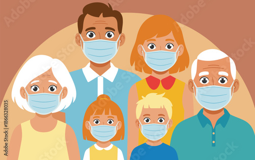 Diverse family wearing medical face masks for covid protection and healthcare during virus pandemic outbreak illustration for health awareness campaigns and medical advertising showcasing safety measu