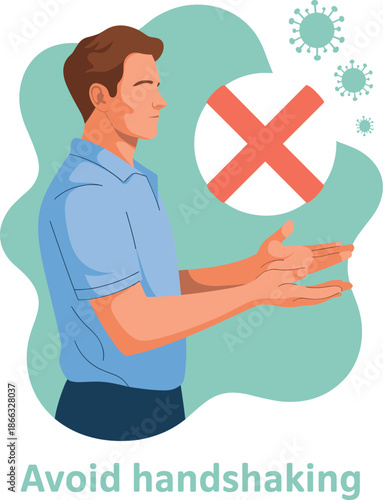 Young man avoiding handshake during virus outbreak pandemic disease spread prevention measures vector illustration for health safety awareness campaign corporate communication materials and healthcare