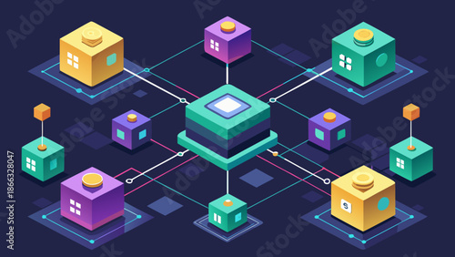 Isometric vector of interconnected digital nodes and cubes forming a decentralized network, glowing icons of exchange, lending, and yield farming.
