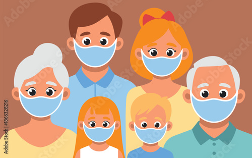 Cartoon family wearing protective face masks for coronavirus prevention vector illustration of diverse multi generational people in medical masks for healthcare awareness during global health crisis a