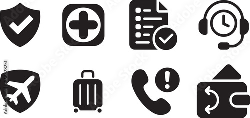 Travel insurance and safety icon collection for airport security baggage and medical assistance