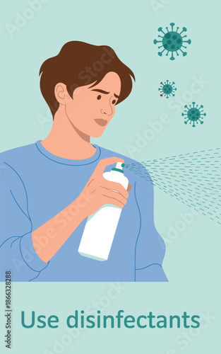 Concerned man spraying disinfectant for sanitization and hygiene in modern minimalist illustration for healthcare advertising use proper disinfectant spray for virus prevention and protection in home