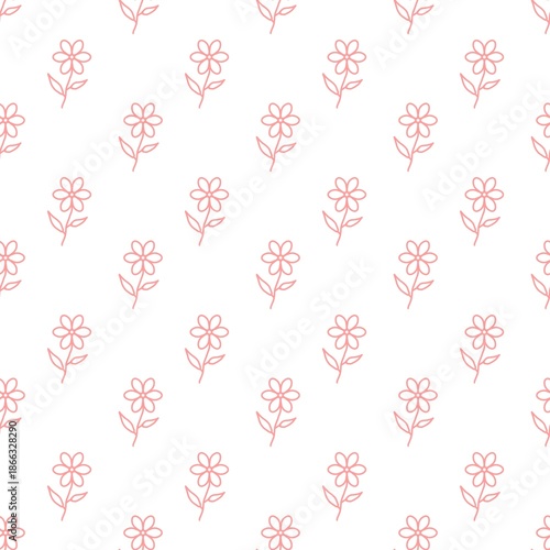 Pink line art flower seamless pattern on white background. Minimalist floral doodle ornament for wallpaper, fabric, wrapping paper, and textile design. Simple cute botanical  illustration.