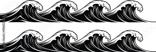 Ocean wave pattern vector illustration, Japanese style sea waves silhouette, black and white nautical design, abstract water motion artwork