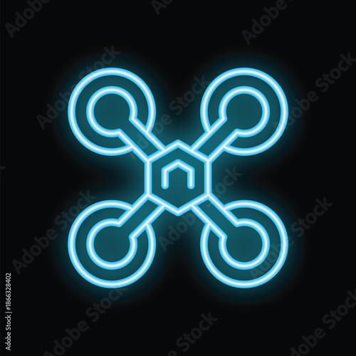 Bright neon blue outline icon of a drone glowing on a black background