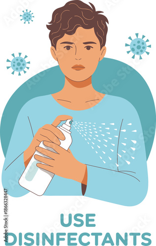 Young man using disinfectant spray bottle hygiene healthcare sanitation concept illustration for virus prevention germs protection at home office workplace medical facility public space safety and cle