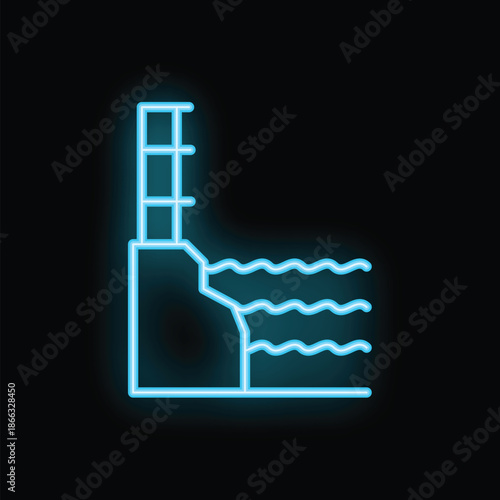 Blue neon icon of a swimming pool with a ladder on a brick wall glowing on a black background