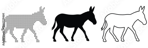 Three distinct donkey illustrations showing pixelated, silhouette, and outline styles