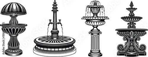 Ornamental garden fountains vector illustration set, classic vintage water fountains collection, black and white decorative architecture isolated landscape design