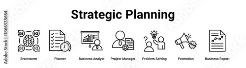 Strategic Planning web banner icon vector illustration concept for business with icon of Brainstorm, Planner, Business Analyst, Project Manager, Problem Solving, Promotion.