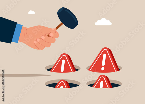 Hand holding hammer hitting the exclamation marks in a mole hole. Playing hamster game. Flat vector illustration