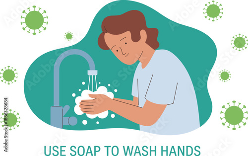 Hand washing with soap for virus prevention vector illustration in modern minimalist style personal hygiene routine to stop spread of germs and bacteria healthcare awareness campaign for medical educa