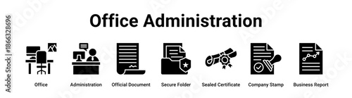Office Administration web banner icon vector illustration concept for business with icon of Office, Administration, Official Document, Secure Folder, Sealed Certificate, Company Stamp.