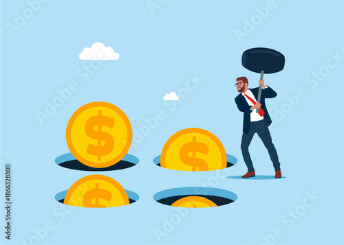 Businessman holding hammer hitting the dollar coins in a mole hole. Playing hamster game. Flat vector illustration