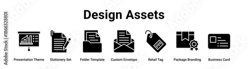Design Assets web banner icon vector illustration concept for business with icon of Presentation Theme, Stationery Set, Folder Template, Custom Envelope, Retail Tag, Package Branding.