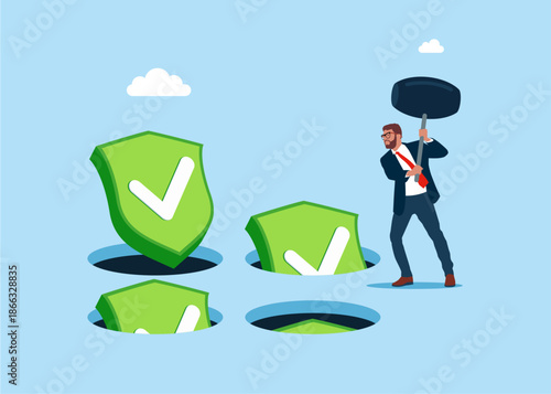 Businessman holding hammer hitting the shields check marks symbols in a mole hole. Playing hamster game. Business constraints or stagnant, prohibition or difficulty prevent from improvement or success