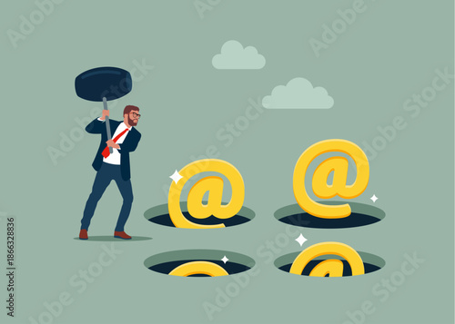 Businessman holding hammer hitting the at sign icons in a mole hole. Playing hamster game. Cyber security and phishing concept. Flat vector illustration