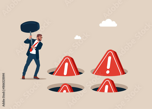 Businessman holding hammer hitting the exclamation marks in a mole hole. Playing hamster game. Flat vector illustration