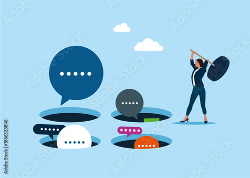 Woman holding hammer hitting the speech bubbles in a mole hole. Playing hamster game. Discussion, conversation, meeting, team communication. Flat vector illustration