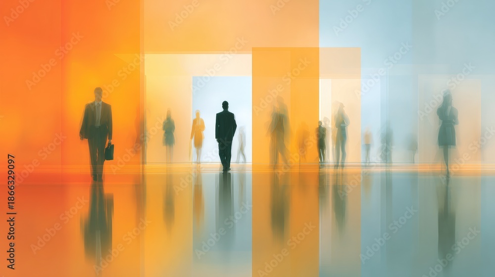 Fototapeta premium Silhouettes of Business People Walking Through Abstract Colorful Spaces with Foggy Perspectives, Symbolizing Modern Office Environment and Workforce Dynamics