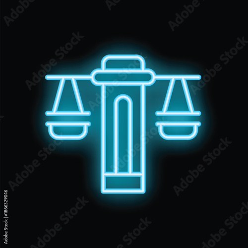 Blue neon seesaw icon glowing on a dark background, evoking nostalgia for carefree days on the playground