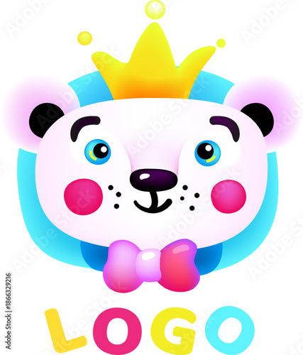 Cute cartoon polar bear king mascot logo illustration in modern vector art style adorable prince character wearing golden crown and pink bow tie on white background for kids branding