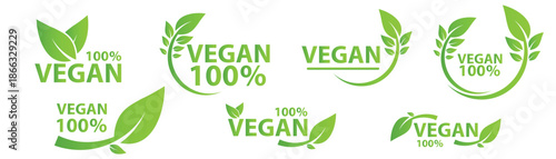 Vegan organic label icon set representing plant-based, natural, and eco-friendly product concepts.