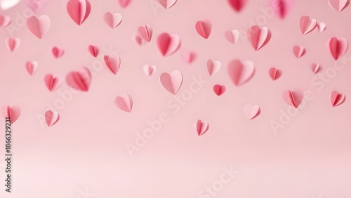 A delicate display of pink paper hearts floating gracefully against a soft backdrop, celebrating love and affection