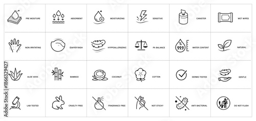 Set icons for wet wipes packaging. This icons shows main benefits of wet wipes. Vector elements are good for different backgrounds, well scalable and editable. EPS10.