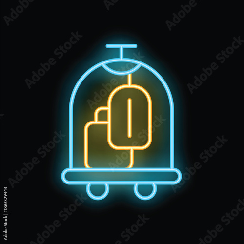 Glowing neon luggage cart with suitcases, symbolizing travel, hotel service, and the tourism industry