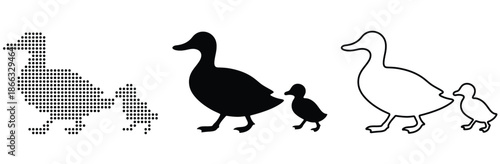 Mother duck and her duckling walking together, depicted in three distinct graphic styles