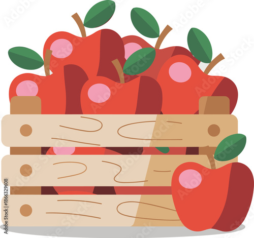 Harvested red apples in wooden crate graphic illustration healthy fresh fruit produce from orchard farm organic agriculture concept for farmers market advertising seasonal autumn harvest festival pres