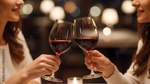 Two women toasting with glasses of red wine, creating a moment of celebration and connection. The lighting sets a warm and inviting atmosphere