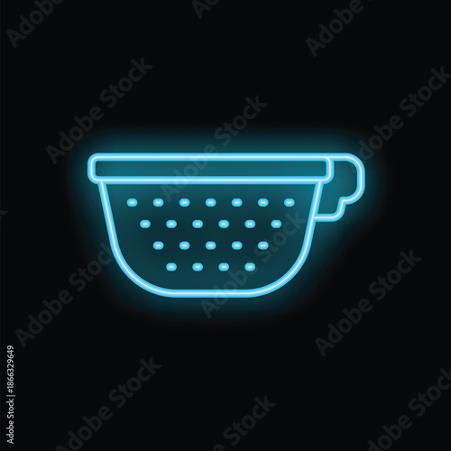 Blue neon sign of a colander glowing on a black background