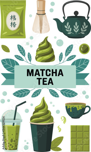 Vibrant matcha tea assortment illustration featuring green tea latte soft serve ice cream chocolate and traditional teapot for cafe menu design and healthy lifestyle marketing presentation japanese cu