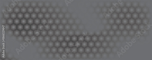 Dark grey abstract wide horizontal banner with hexagon carbon fiber grid and orange luminous lines. Technology vector background with orange neon lines