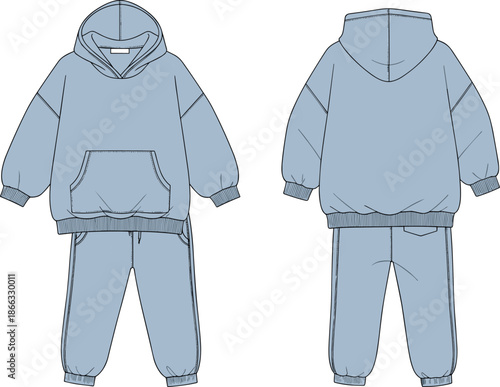Hoodie and sweatpants technical sketch, front and back view, fashion flat, garment construction, apparel design, clothing template, casual outfit, kangaroo pocket, drawstring waist, ribbed cuff